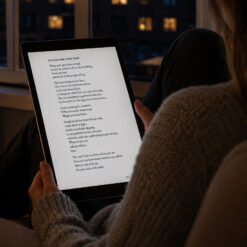 Digital PDF edition of Barefoot Through Brambles by Julia Delaney displayed on an iPad at night, opened to “On Your Side of the Dark,” a poem about being awake with pain, noticing other lit windows, and feeling less alone in the dark.